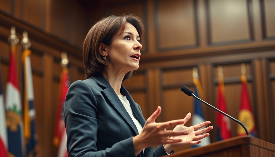 Formal woman speaking, Texas redistricting discussion setting.