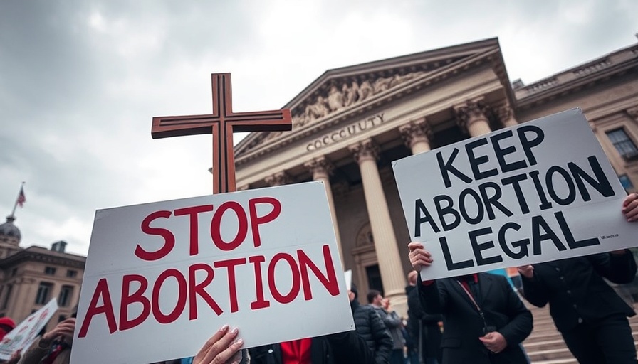 Protest signs about abortion rights in front of courthouse.