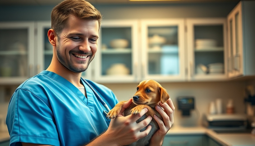 Young man in blue scrubs at veterinary clinic holding small animal.