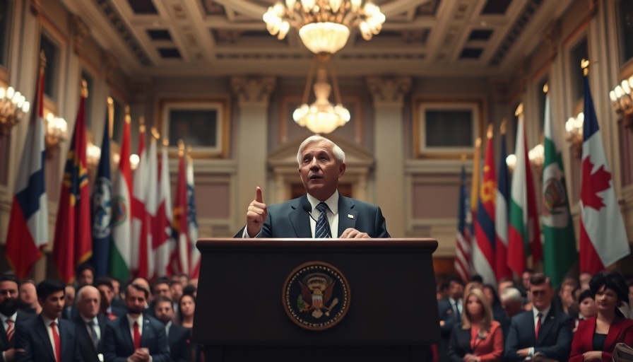 Political leader addressing Ukraine grievance at a podium with flags.