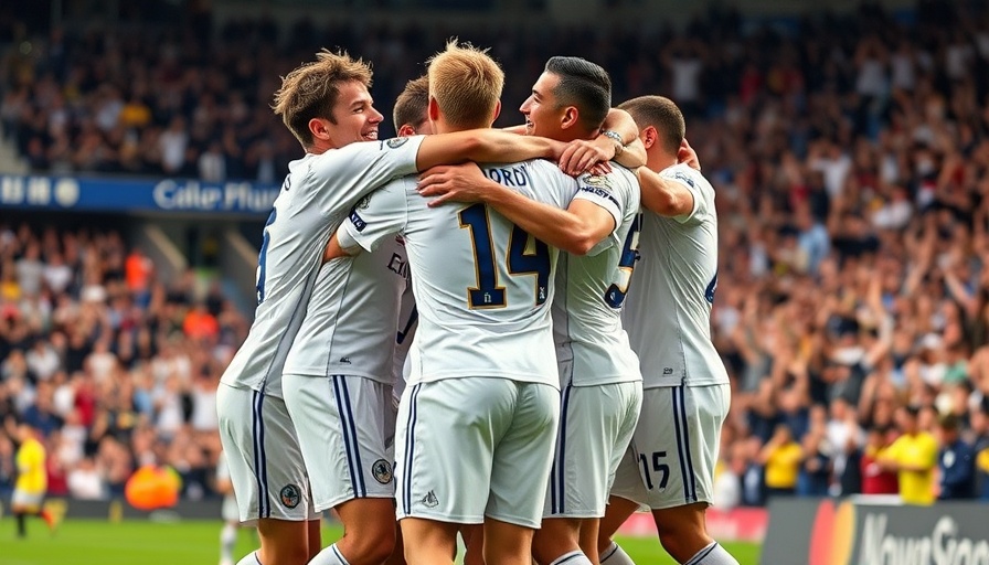 Leeds United players celebrating goal with fans, highlighting Premier League survival.