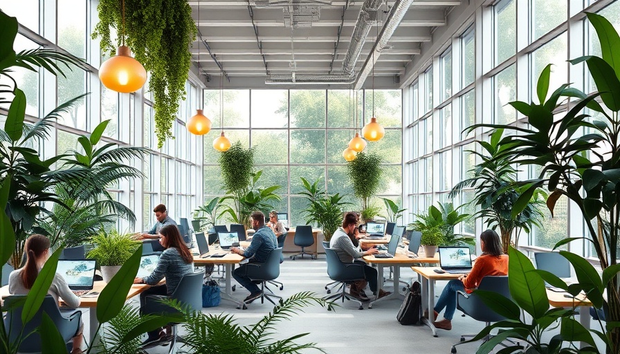 Modern open office with greenery and people working, Figma IPO.