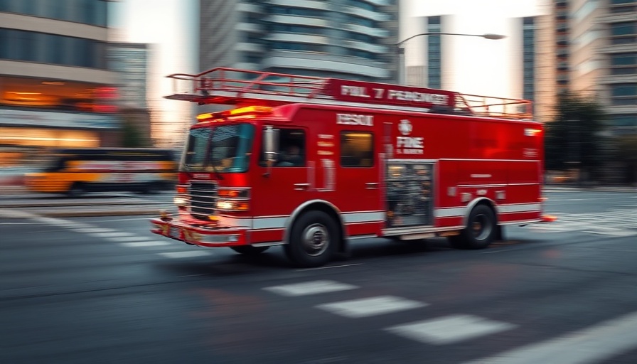 Fire truck rushing through city intersection, motion blur.
