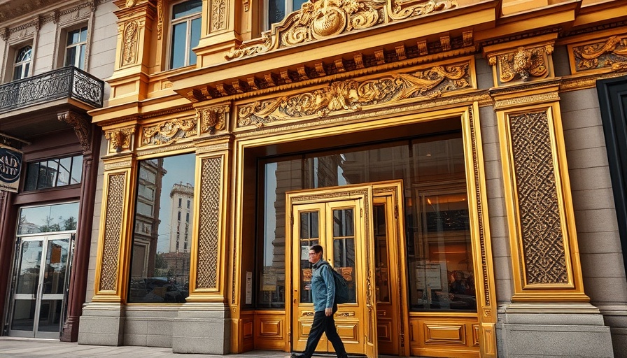 San Francisco building entrance with passerby, reflecting street.