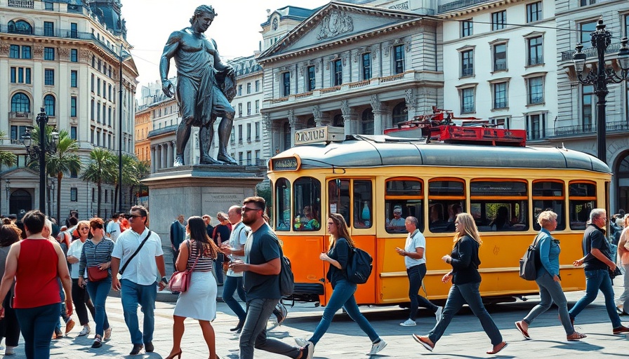 Urban scene with silver statue and streetcar in busy square