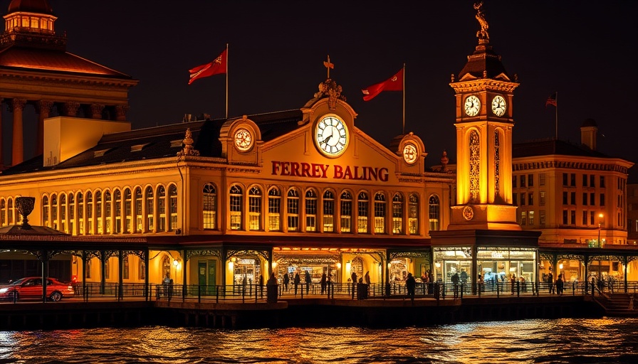 Ferry Building nightlife San Francisco with illuminated clock tower.