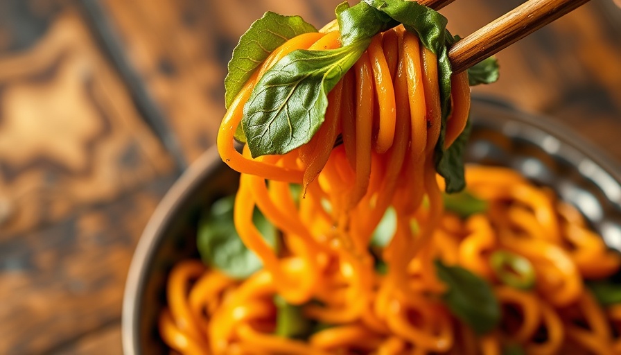 Spicy noodles with greens held by chopsticks on wooden table, San Francisco news