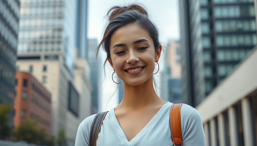 Young woman confidently standing against city skyscrapers backdrop, tech job losses