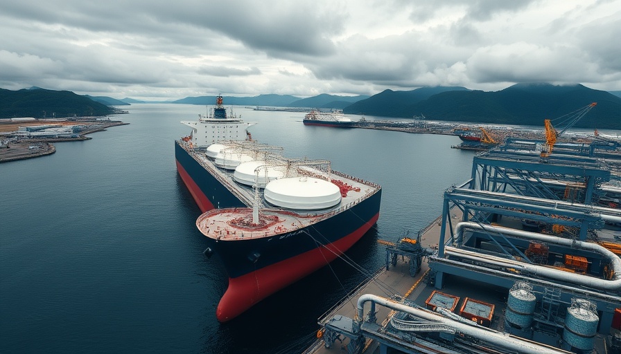 Aerial view of LNG tanker at industrial port, Canada LNG exports to Germany.