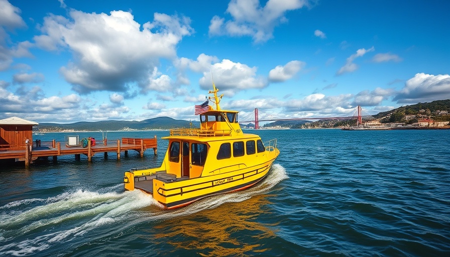 San Francisco water taxi gliding on bay near docks.