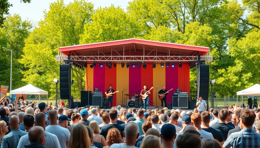 Outdoor concert at Jerry Garcia Amphitheater with colorful stage and crowd.
