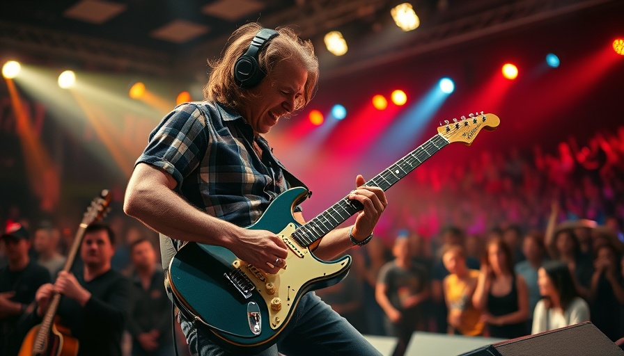 Musician passionately playing guitar on stage in concert lighting.