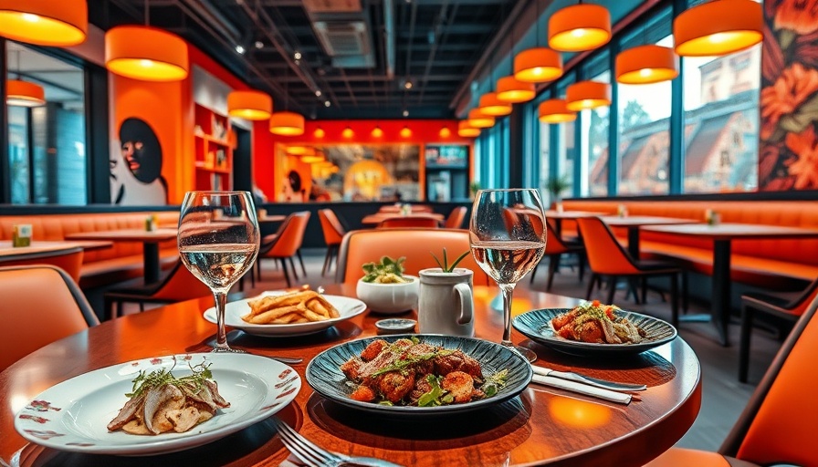 San Francisco dining table with gourmet foods and drinks in vibrant orange setting.