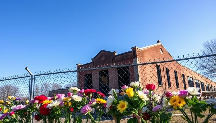Alum Rock school board future of burned building with flowers in foreground.