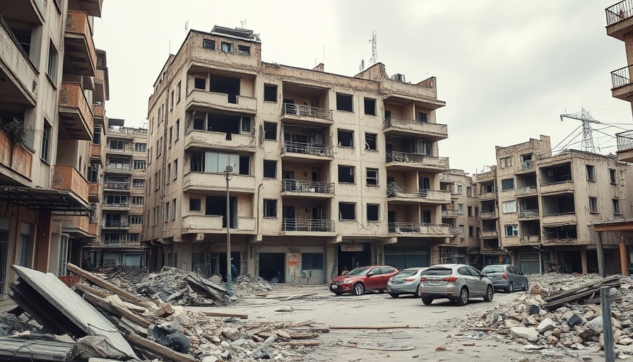 Damaged building with debris after conflict in urban area