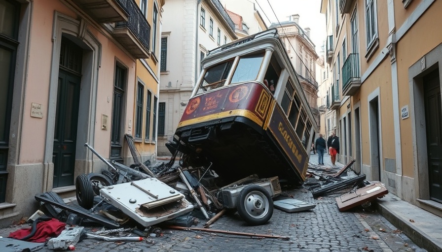 Lisbon funicular crash scene with tram debris on cobblestone street.