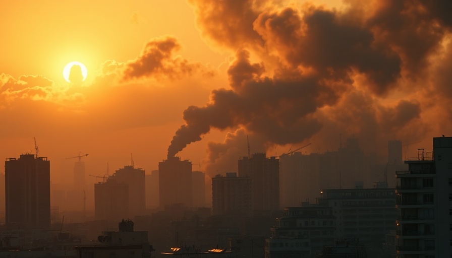 Smoke rising over city skyline after drone attack in Ukraine.