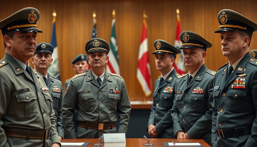 Military officers in a meeting room with Polish flags in the background.