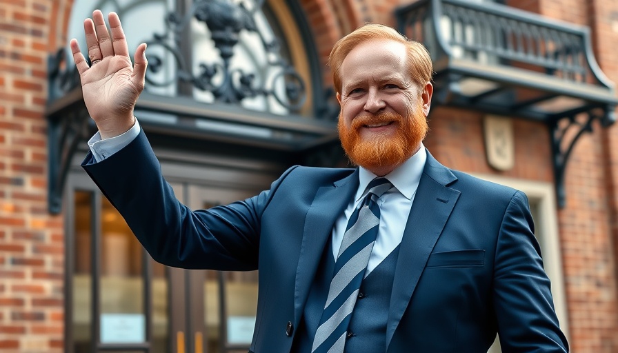 Prince Harry in a suit waving outside, brick facade behind.