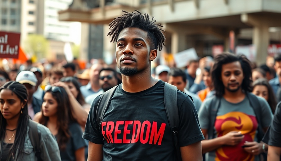Politically charged gathering with crowd and person in 'FREEDOM' shirt.