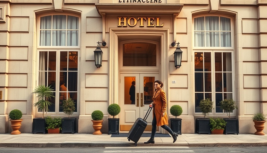 Elegant hotel facade with traveler and potted plants.