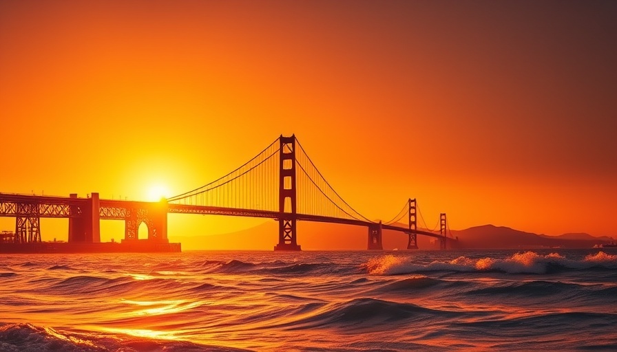 Sunset over Bay Area bridge during heatwave, vivid orange sky