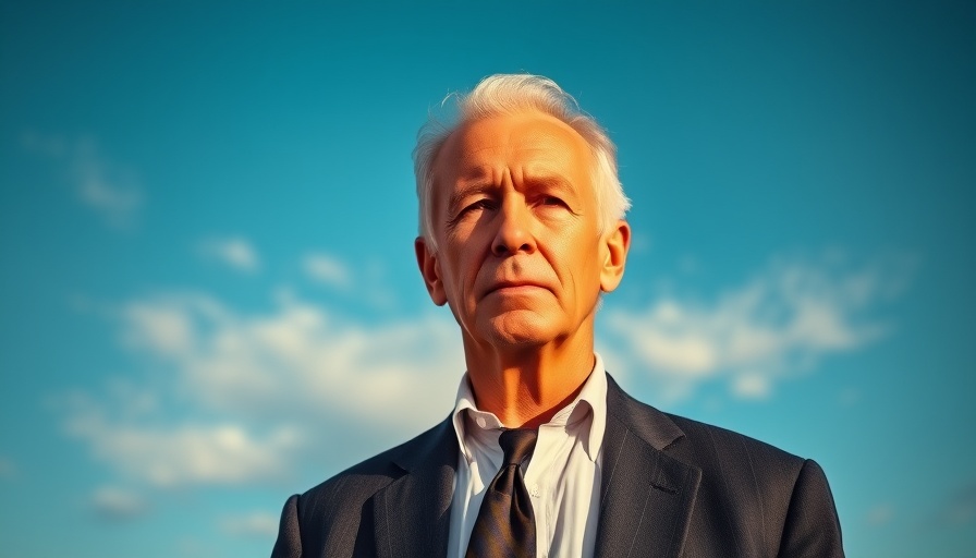 Older man with serious expression under blue sky.