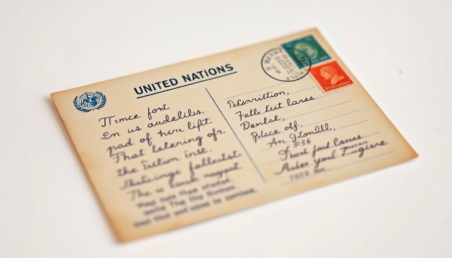 Vintage United Nations postcard with handwritten message and stamps.