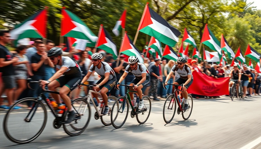 Cyclists pass protesters waving Palestinian flags and banners.