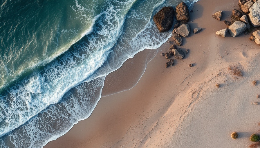 Aerial view of a tranquil sandy beach with gentle waves.