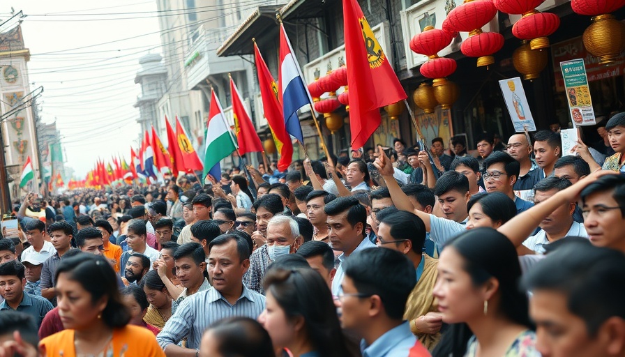 Vibrant crowd with flags symbolizing Return of Monarchy in Nepal.