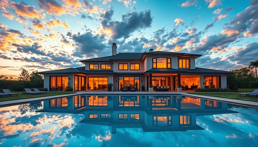 Modern luxury home reflecting in pool at sunset, elegant design