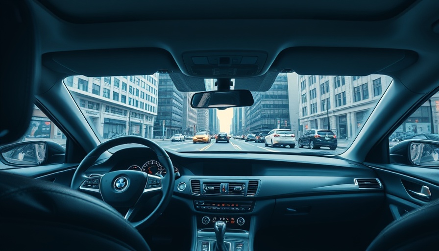 Modern car interior with cityscape view through windshield, depicting urban environment.
