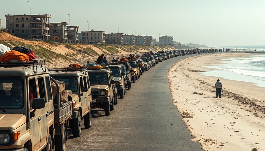 Vehicles and people on a coastal road in Gaza City during Israel ground offensive.