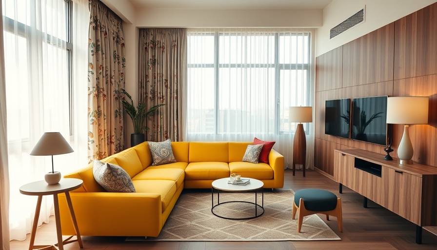 Boutique hotel room with modern decor and yellow sofa