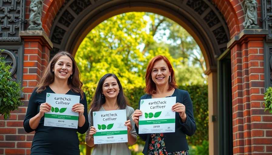 Women holding EarthCheck Silver certification in front of ornate building.