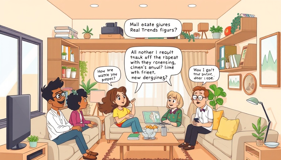 Playful cartoon of San Francisco condo market discussion in a compact apartment.