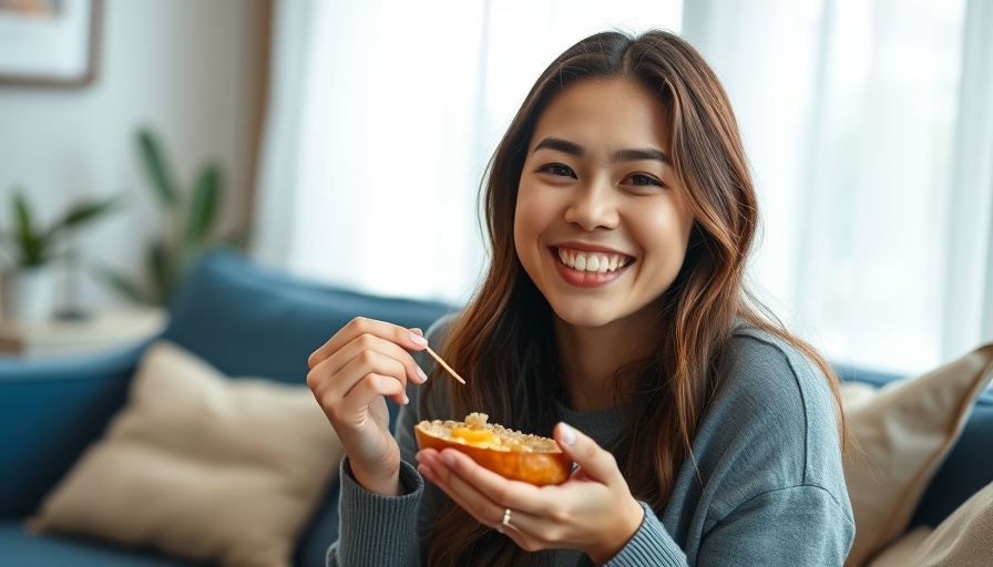 Woman smiling while eating fruit, related to Alzheimer's risk antioxidants.
