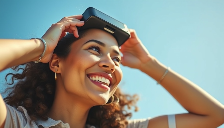 Smiling woman adjusting wearable, mood swings pain relief, sunlight.