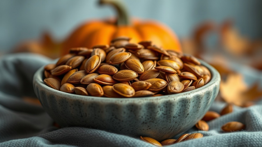 Bowl of roasted pumpkin seeds for afternoon energy boost.