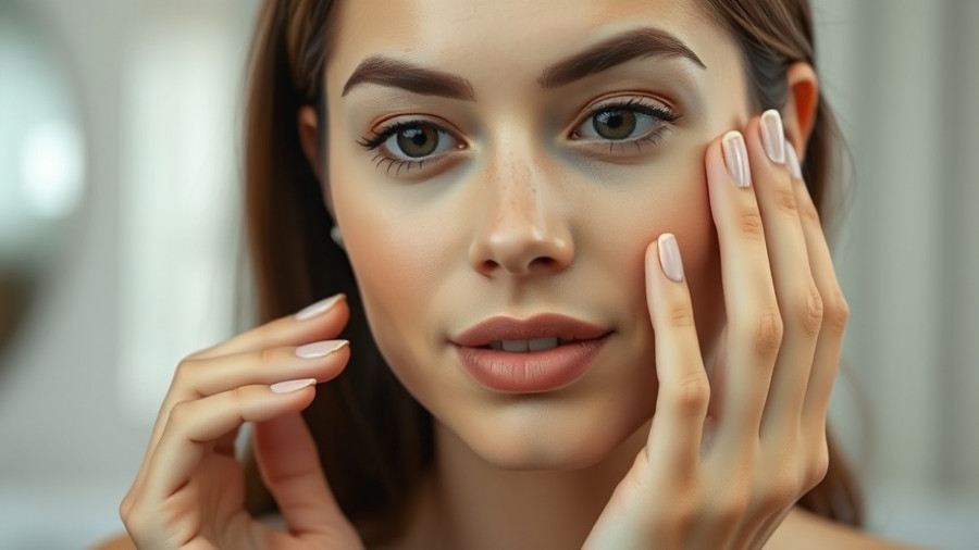 Woman examining skin texture, smoothing fine lines for any skin type, indoors.
