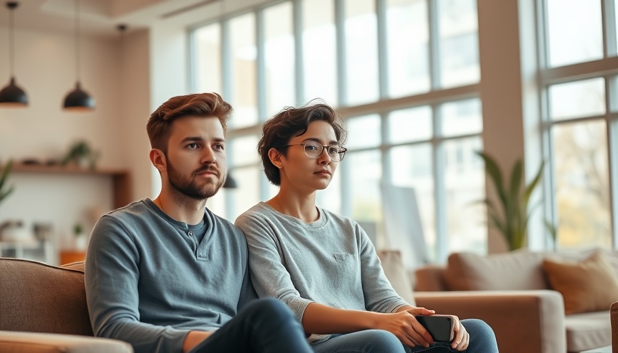 Young couple contemplating in modern living room, natural light.