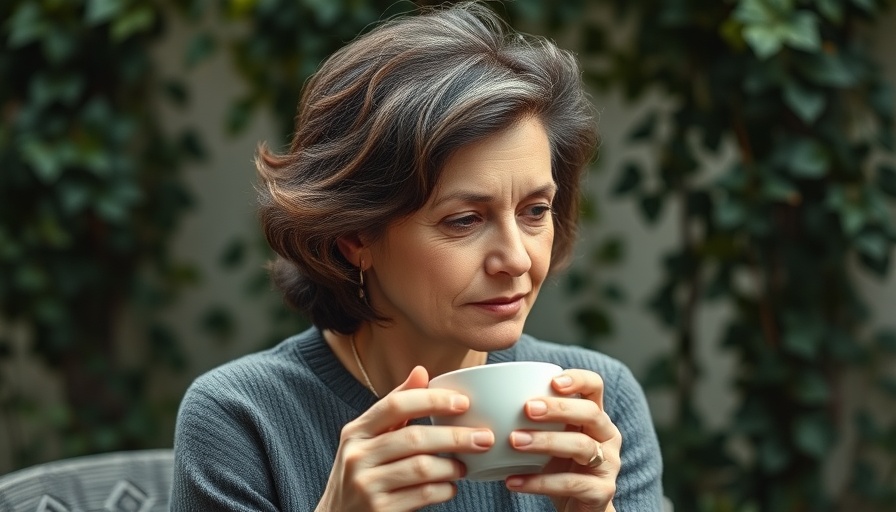 Middle-aged woman sipping coffee outdoors, Menopause and Chronic Inflammation concept.