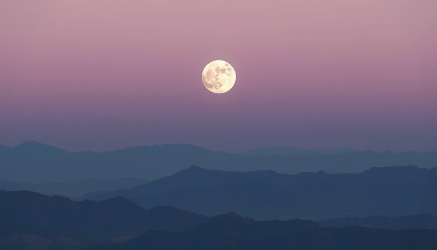Full Flower Moon over mountains at twilight.