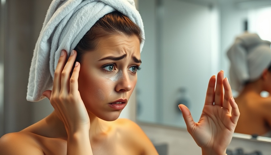 Woman examining angry skin in mirror, soothing routine concept.
