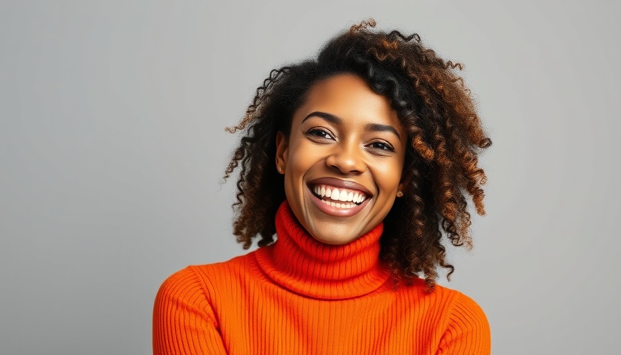 Smiling woman in orange turtleneck, showcasing healthier, brighter skin habits.