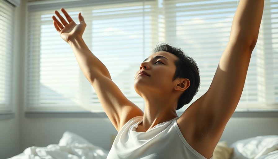 Person stretching in bed, morning light through blinds.