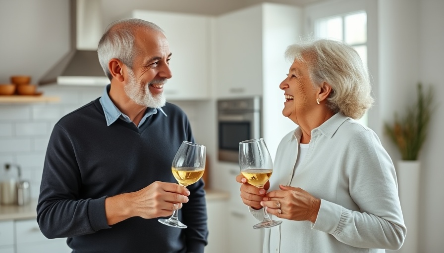Elderly couple enjoying conversation in a modern kitchen.