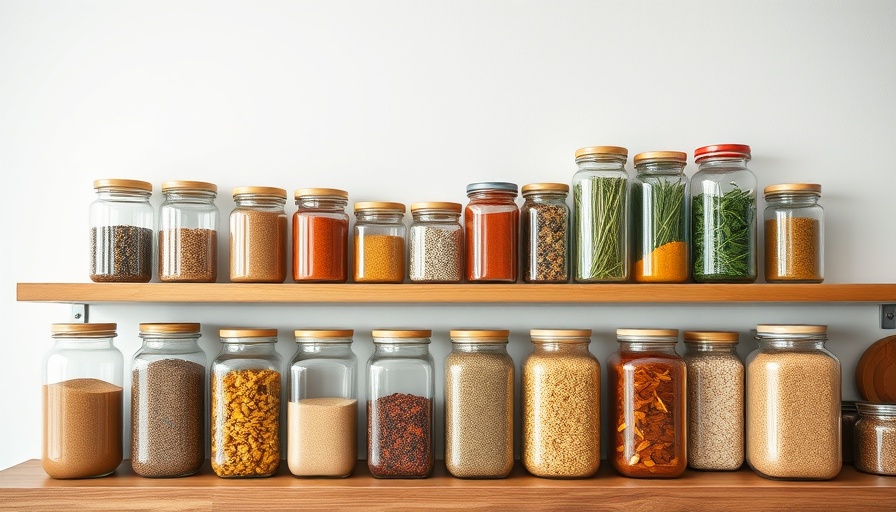 Organized spice jars on a kitchen shelf, ginger for inflammation.