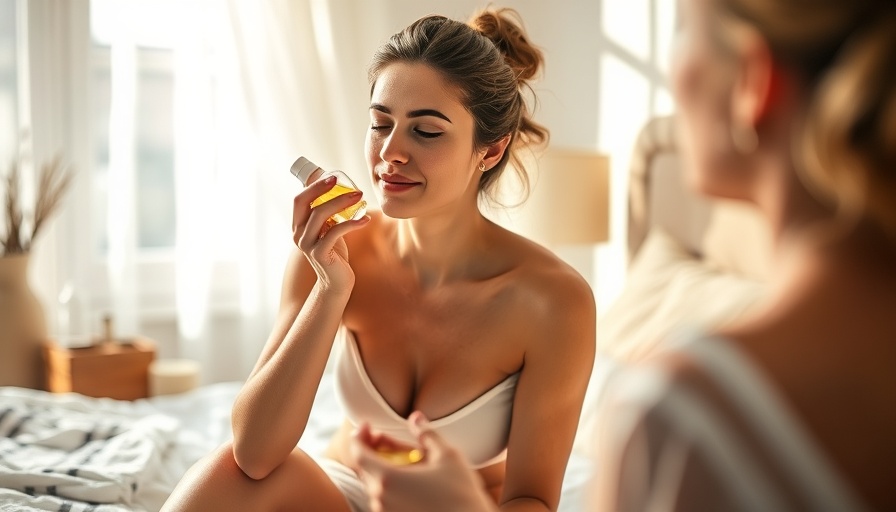 Woman layering body oil for skin hydration in cozy bedroom.